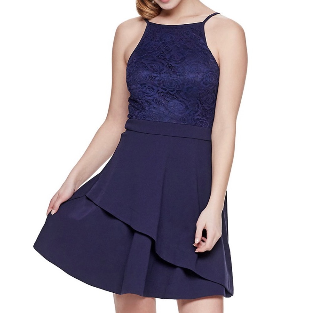 Speechless Lace to Scuba Halter Dress